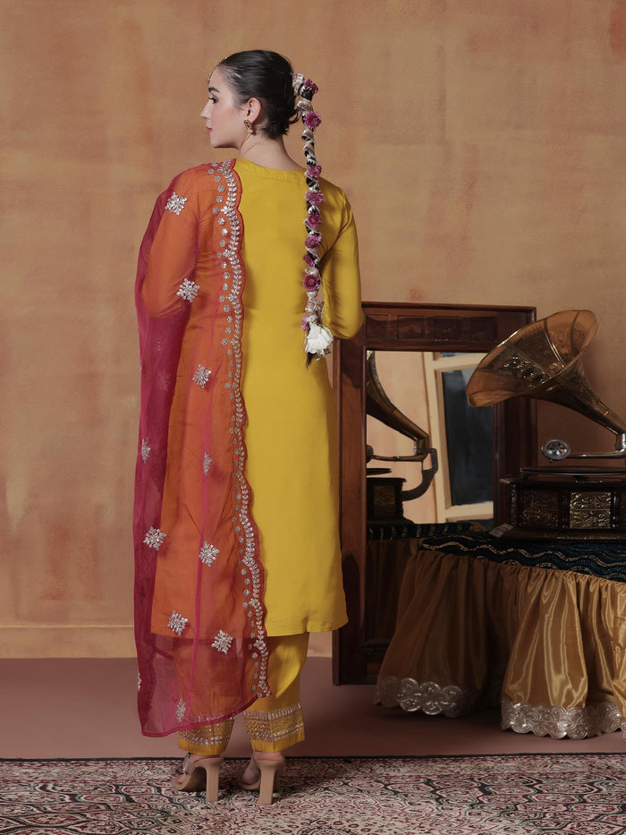 Women Silk Yellow Embroidered Kurta Comfort Pant Dupatta.