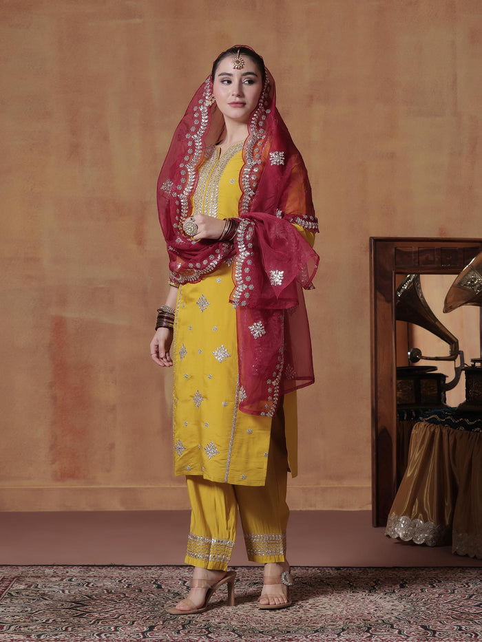 Women Silk Yellow Embroidered Kurta Comfort Pant Dupatta.