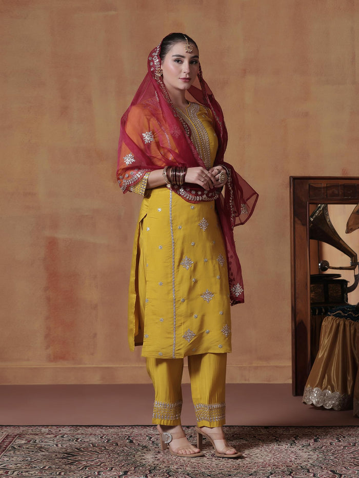 Women Silk Yellow Embroidered Kurta Comfort Pant Dupatta.