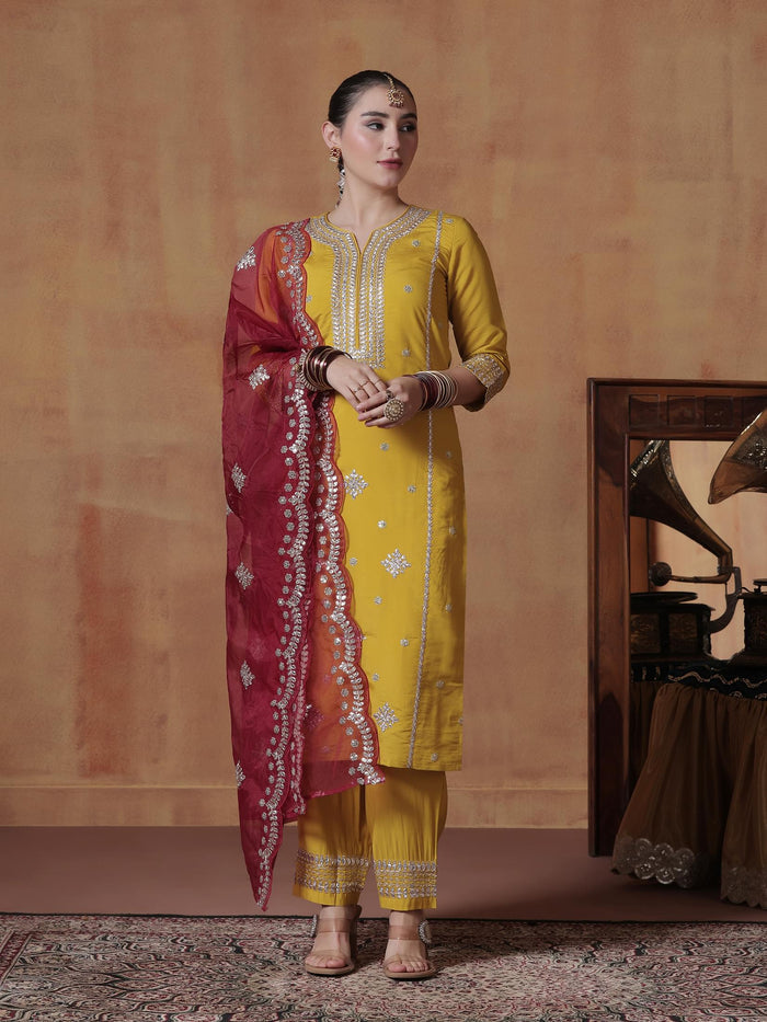 Women Silk Yellow Embroidered Kurta Comfort Pant Dupatta.