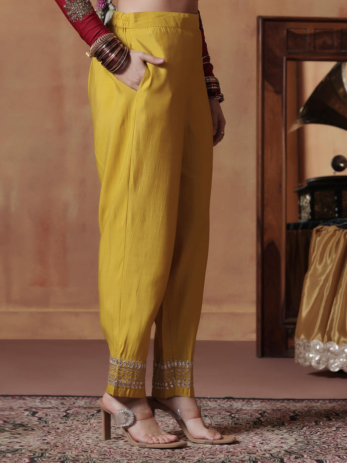 Women Silk Yellow Embroidered Kurta Comfort Pant Dupatta.
