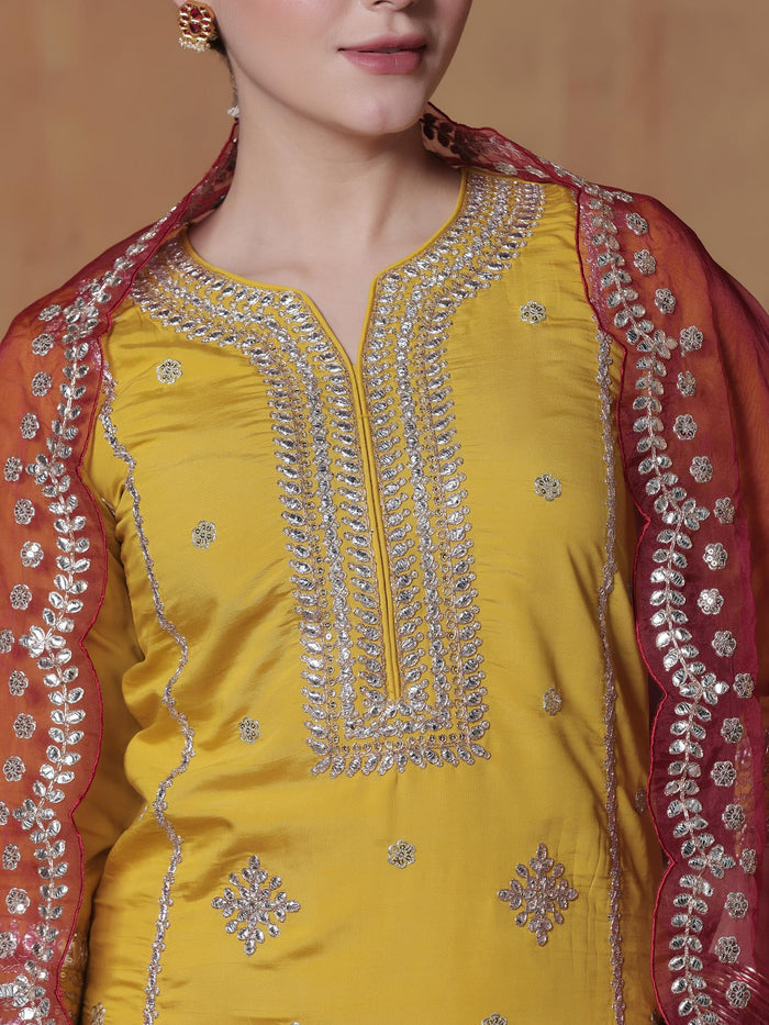 Women Silk Yellow Embroidered Kurta Comfort Pant Dupatta.