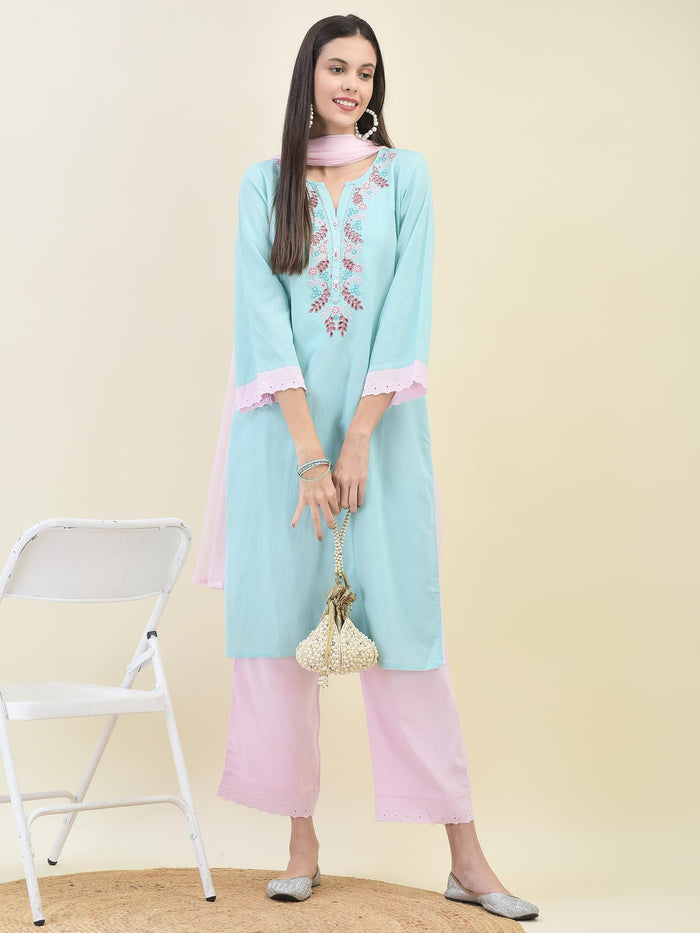 Women Sky Blue Liva Rayon Kurta Comfort Pant Dupatta.