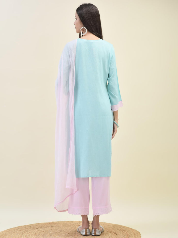 Women Sky Blue Liva Rayon Kurta Comfort Pant Dupatta.