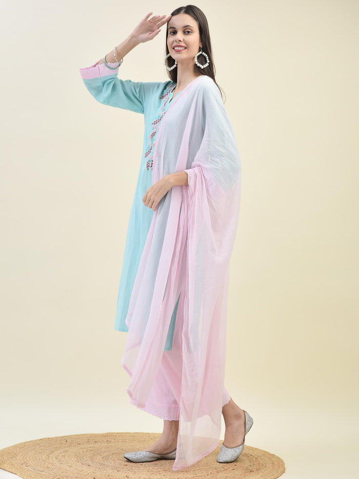 Women Sky Blue Liva Rayon Kurta Comfort Pant Dupatta.
