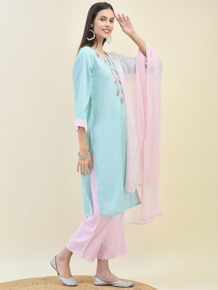 Women Sky Blue Liva Rayon Kurta Comfort Pant Dupatta.