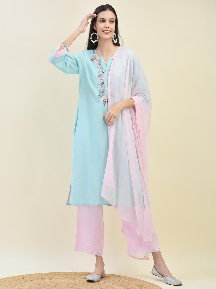 Women Sky Blue Liva Rayon Kurta Comfort Pant Dupatta.