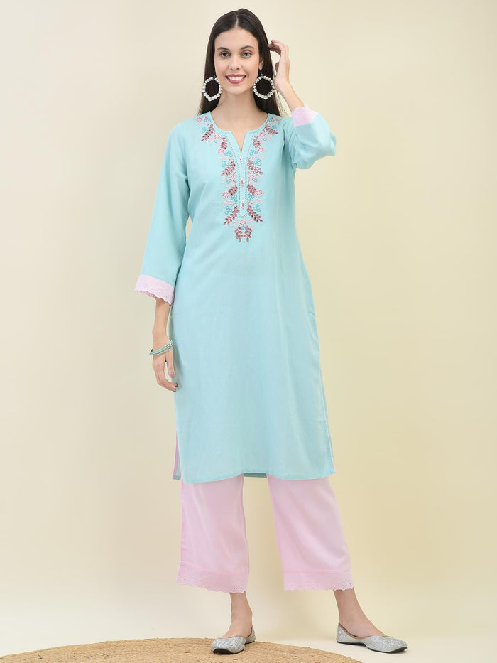 Women Sky Blue Liva Rayon Kurta Comfort Pant Dupatta.