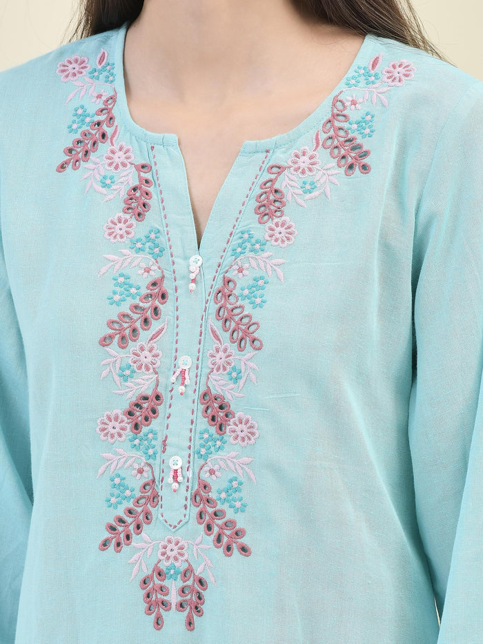 Women Sky Blue Liva Rayon Kurta Comfort Pant Dupatta.