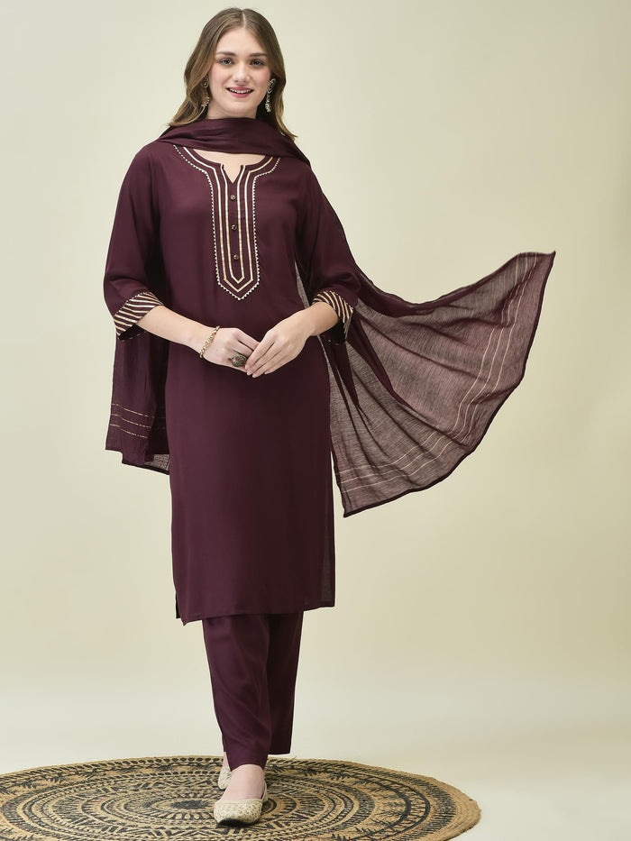Women Solid Burgundy Kurta Comfort Pant Dupatta.