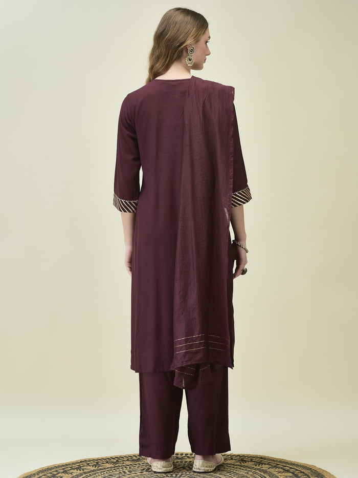 Women Solid Burgundy Kurta Comfort Pant Dupatta.