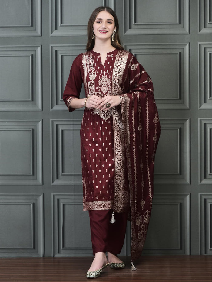Women Straight Maroon Kurta Comfort Pant Dupatta.