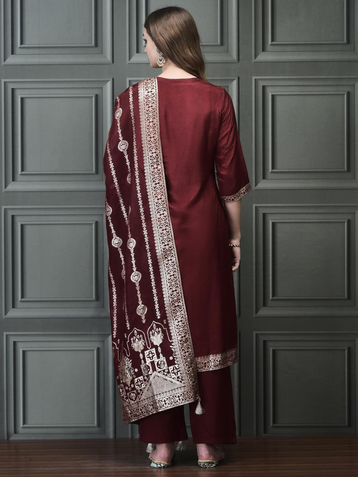 Women Straight Maroon Kurta Comfort Pant Dupatta.
