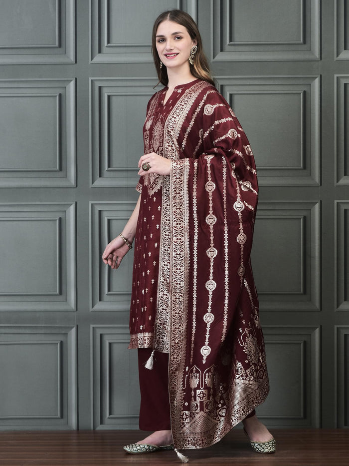 Women Straight Maroon Kurta Comfort Pant Dupatta.