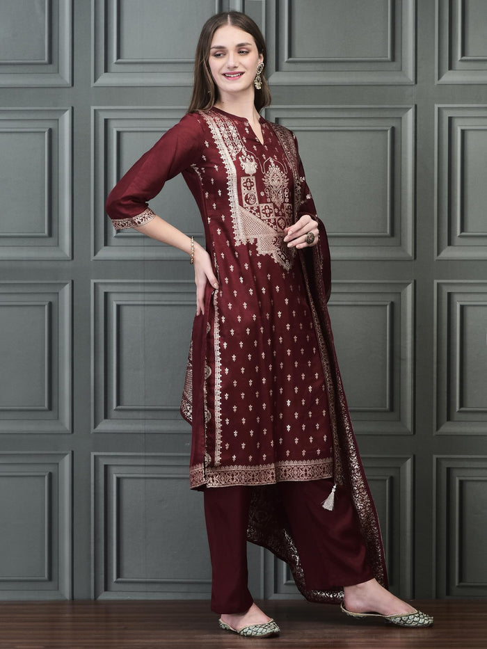 Women Straight Maroon Kurta Comfort Pant Dupatta.