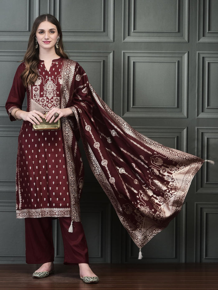 Women Straight Maroon Kurta Comfort Pant Dupatta.