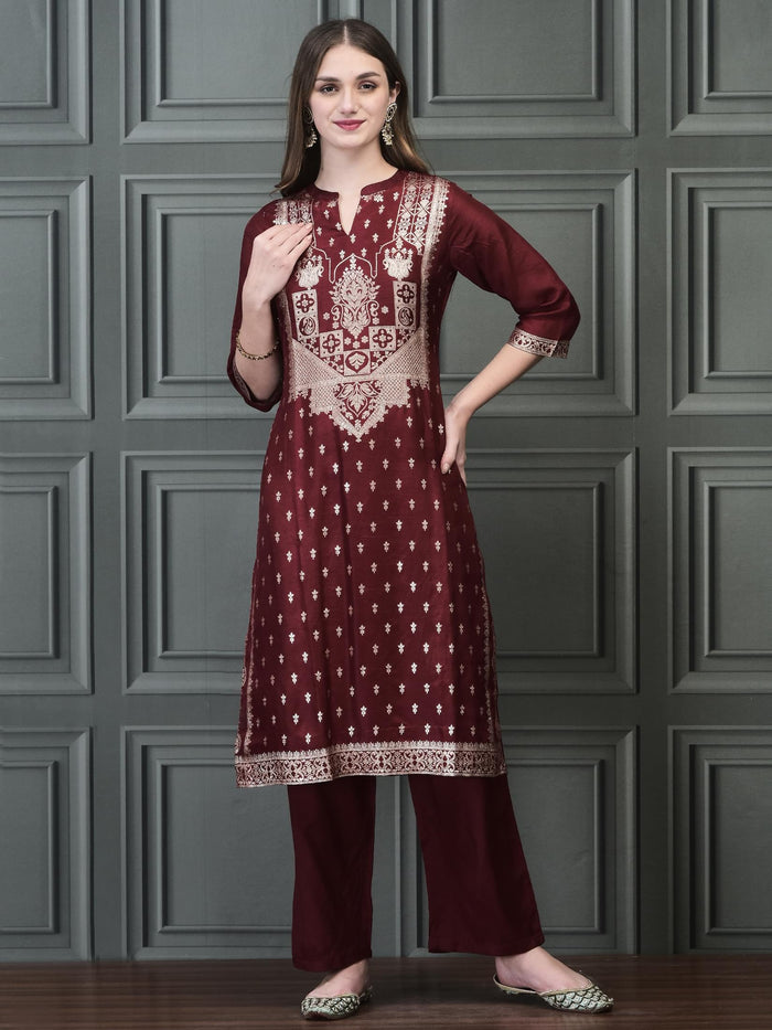 Women Straight Maroon Kurta Comfort Pant Dupatta.