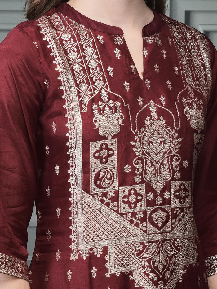 Women Straight Maroon Kurta Comfort Pant Dupatta.