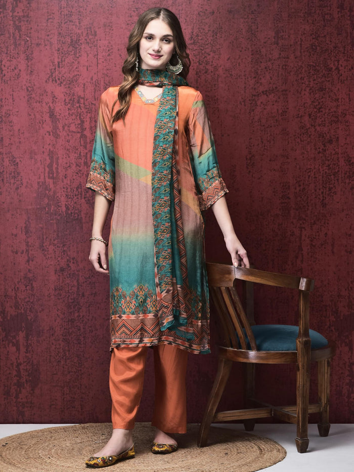 Women Straight Multicolor Kurta Comfort Pant Dupatta.