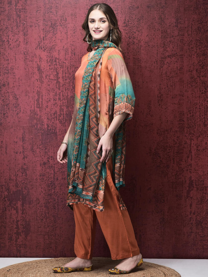 Women Straight Multicolor Kurta Comfort Pant Dupatta.