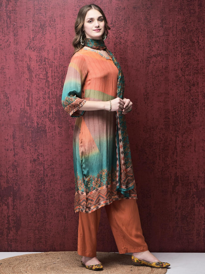 Women Straight Multicolor Kurta Comfort Pant Dupatta.