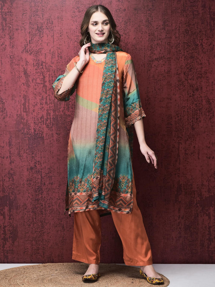 Women Straight Multicolor Kurta Comfort Pant Dupatta.