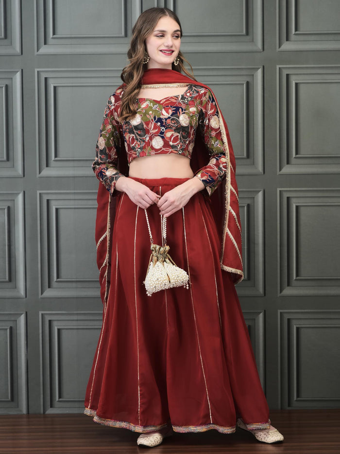 Women Straight Red Choli Skirt Dupatta.