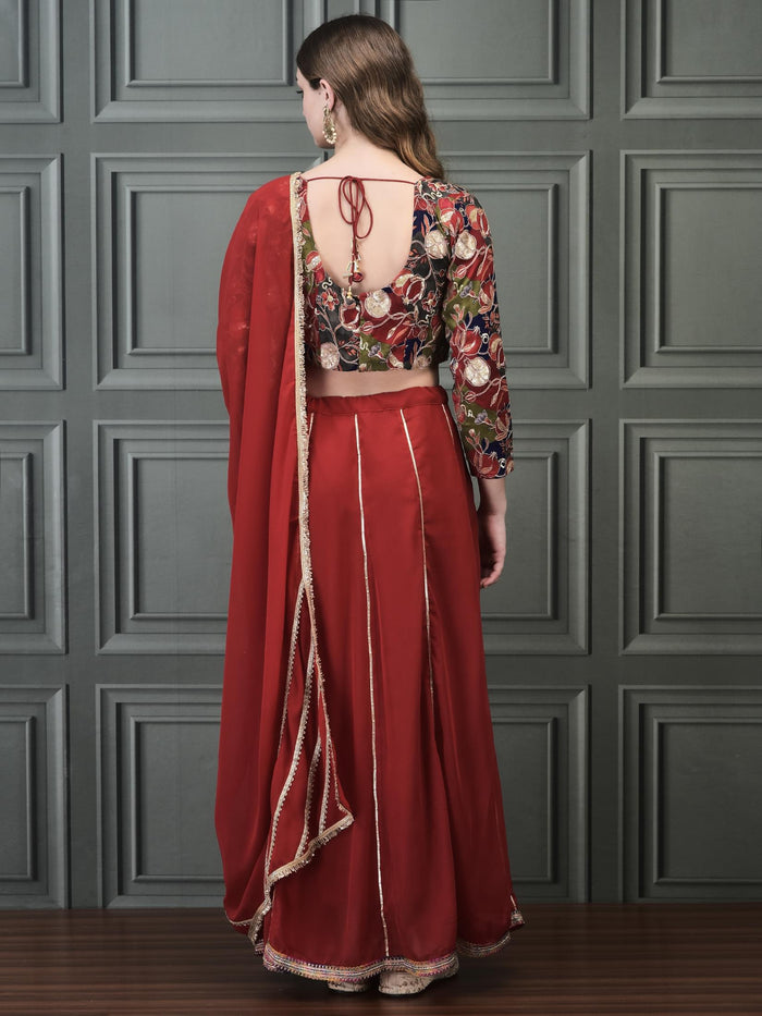 Women Straight Red Choli Skirt Dupatta.