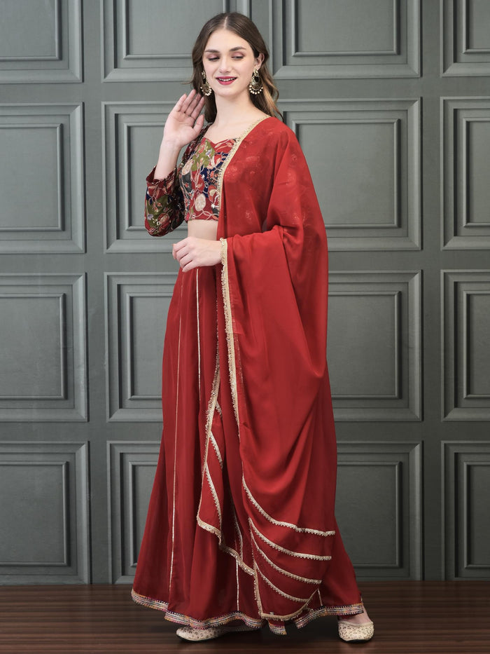 Women Straight Red Choli Skirt Dupatta.