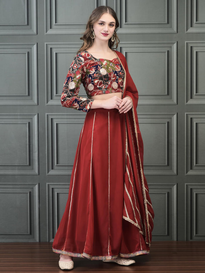 Women Straight Red Choli Skirt Dupatta.