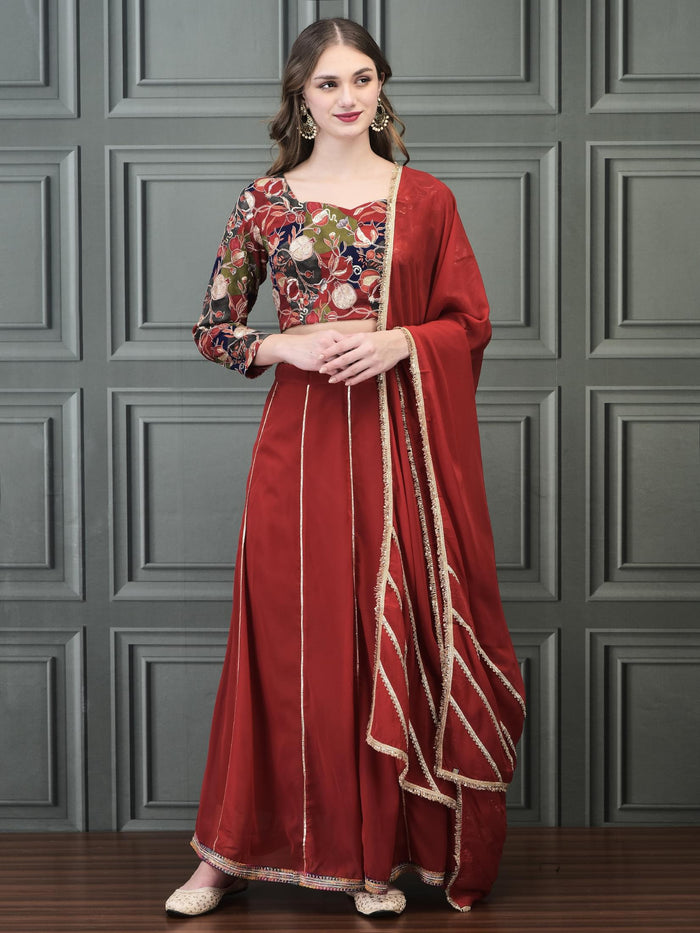 Women Straight Red Choli Skirt Dupatta.