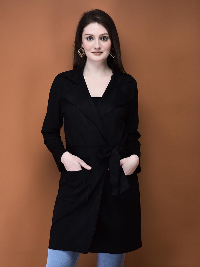 Women Suede Black Solid Shrug.
