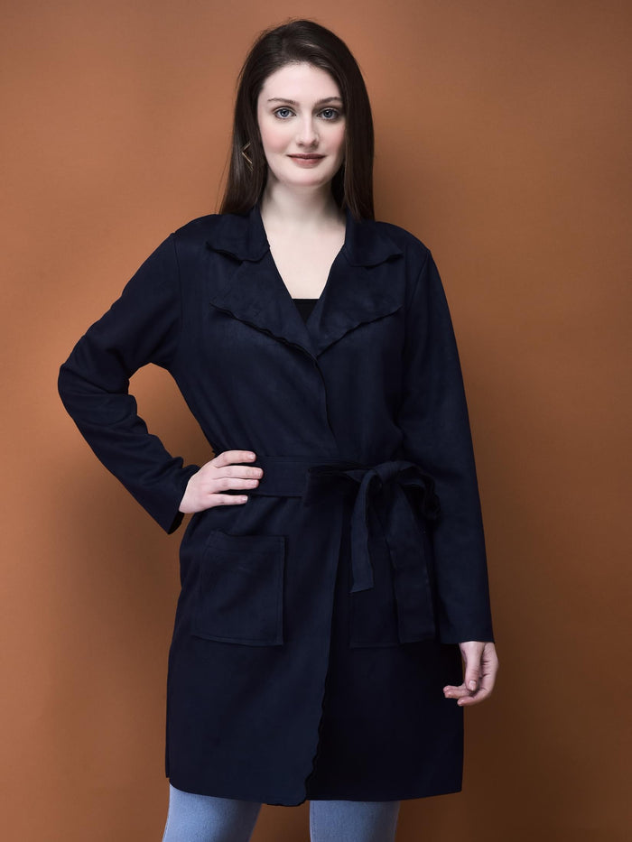 Women Suede Navy Blue Solid Shrug.