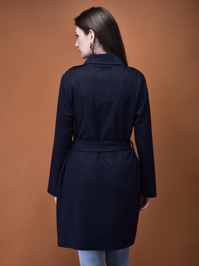 Women Suede Navy Blue Solid Shrug.