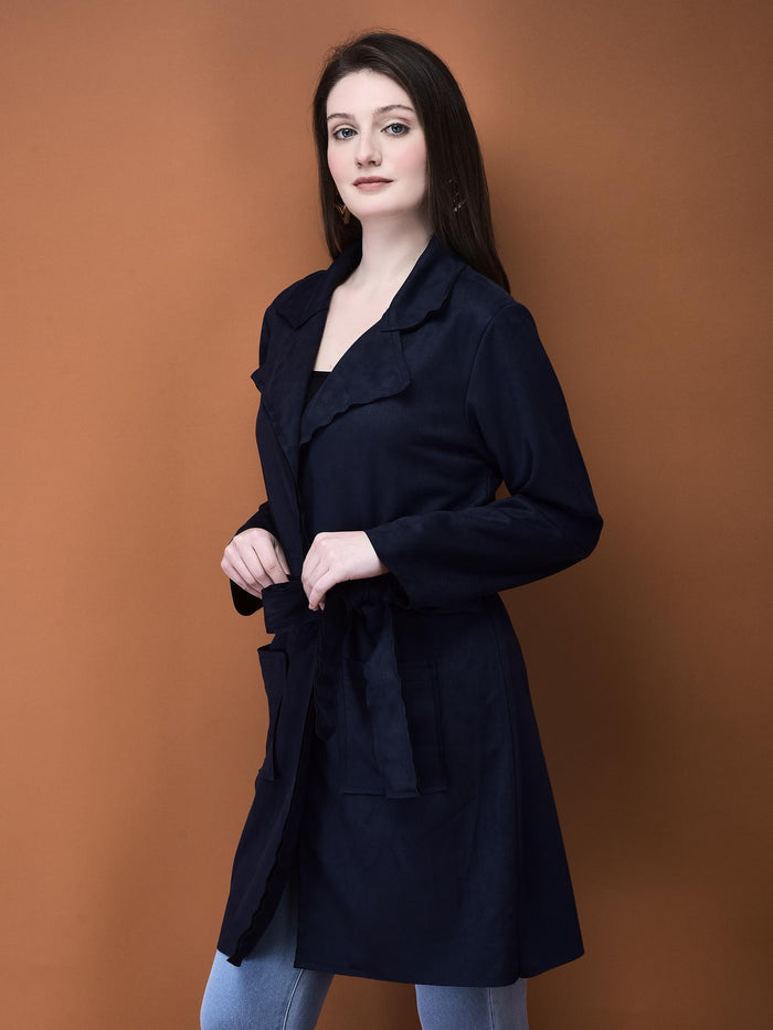 Women Suede Navy Blue Solid Shrug.