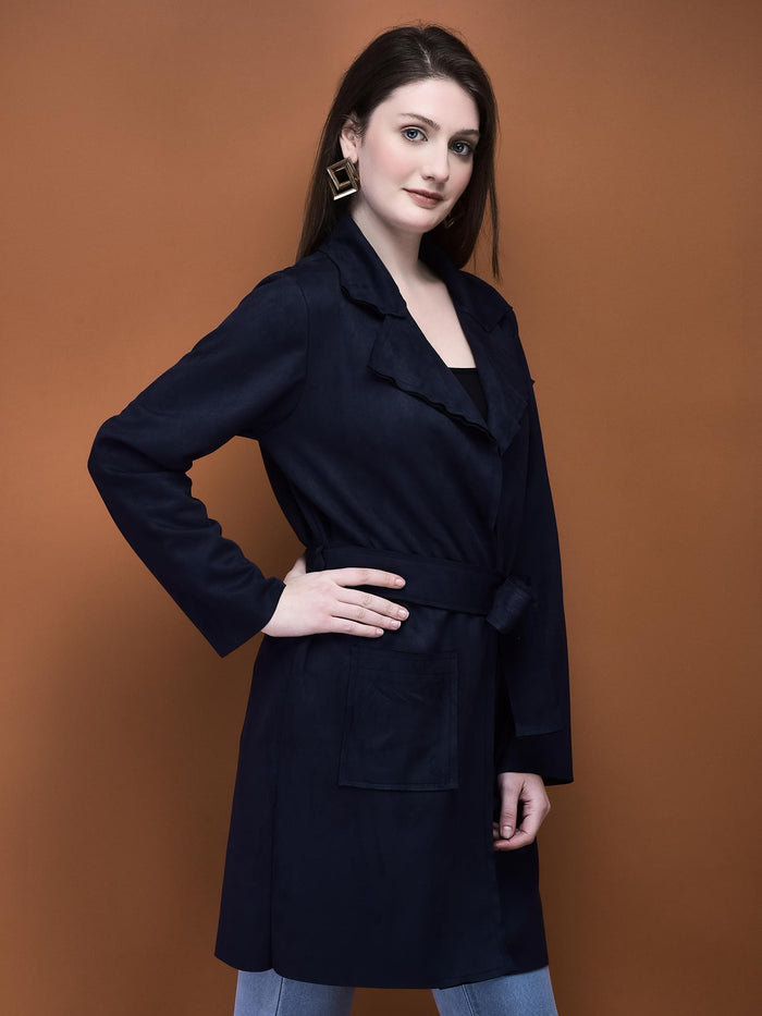 Women Suede Navy Blue Solid Shrug.