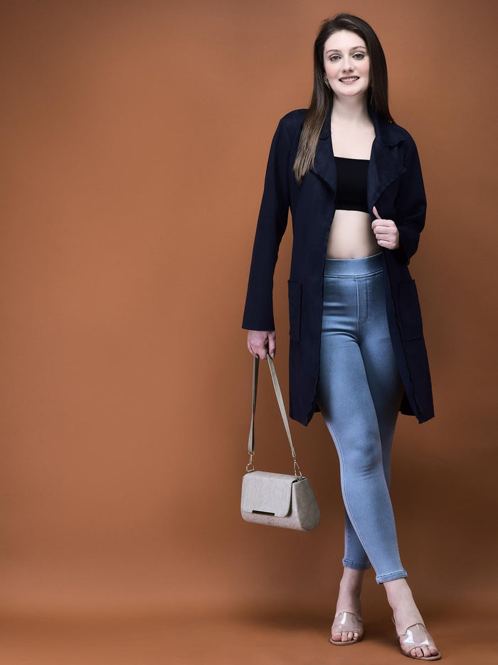 Women Suede Navy Blue Solid Shrug.