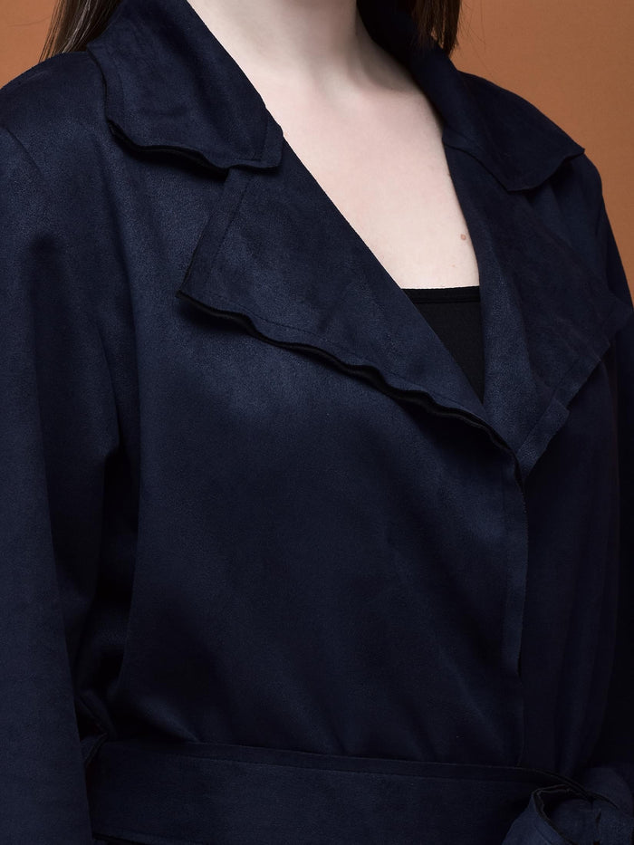 Women Suede Navy Blue Solid Shrug.