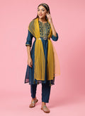 Women Teal Embroidered Kurta Trouser Dupatta.