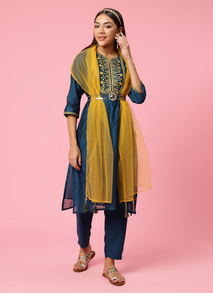 Women Teal Embroidered Kurta Trouser Dupatta.