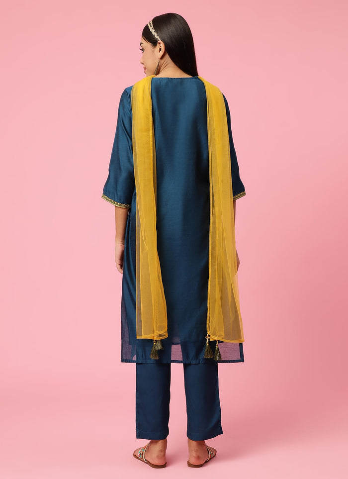 Women Teal Embroidered Kurta Trouser Dupatta.