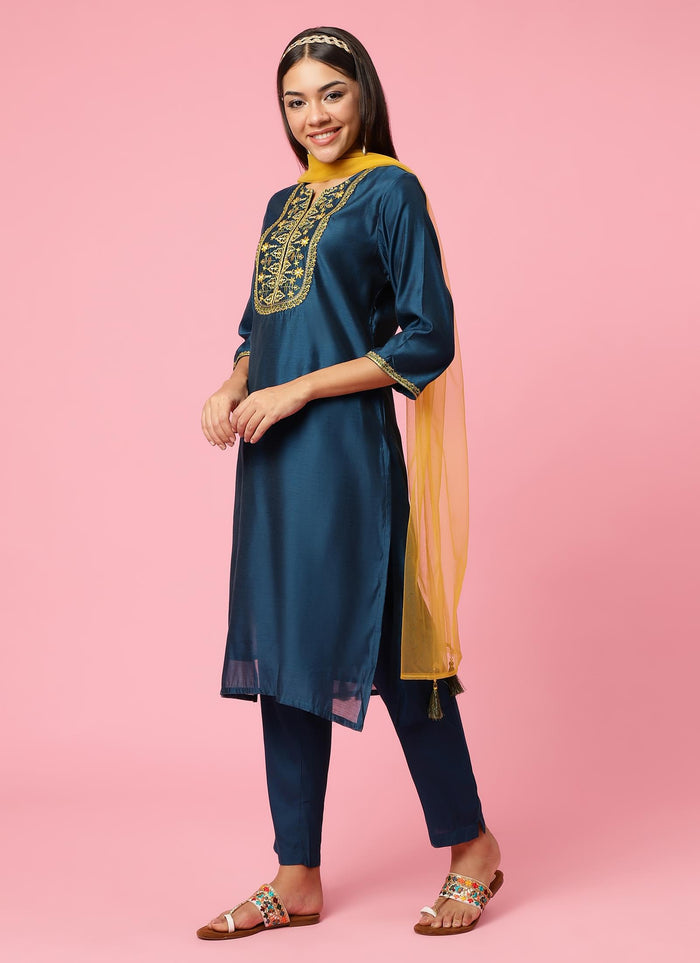 Women Teal Embroidered Kurta Trouser Dupatta.