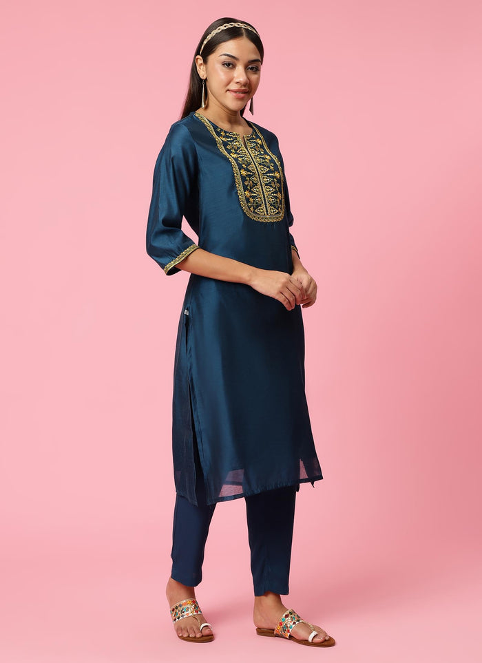 Women Teal Embroidered Kurta Trouser Dupatta.