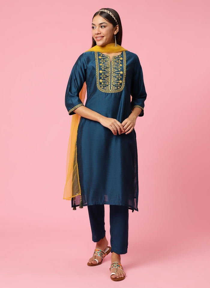 Women Teal Embroidered Kurta Trouser Dupatta.
