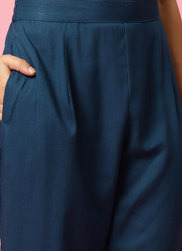 Women Teal Embroidered Kurta Trouser Dupatta.