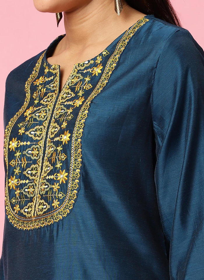 Women Teal Embroidered Kurta Trouser Dupatta.