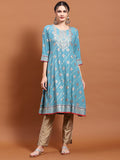 Women Teal Floral Print Kurta.