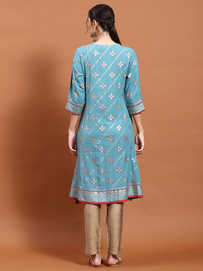 Women Teal Floral Print Kurta.