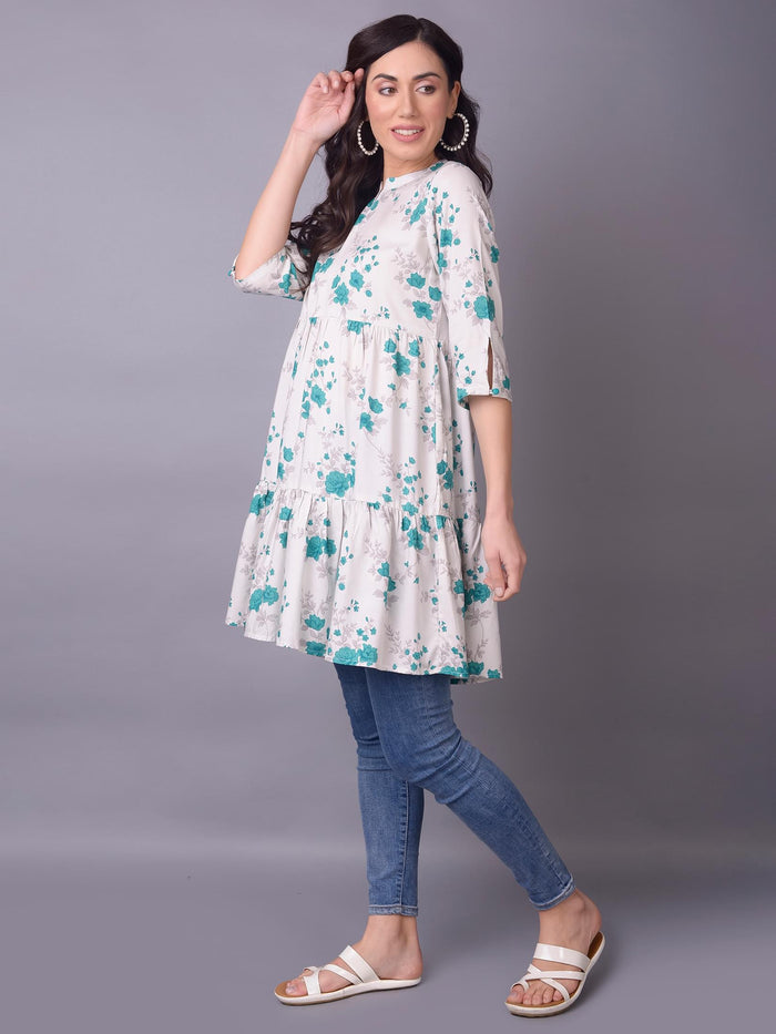 Women Teal Floral Printed Kurti.