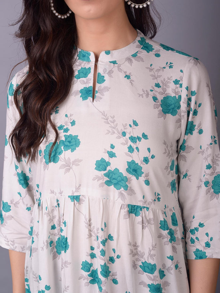 Women Teal Floral Printed Kurti.